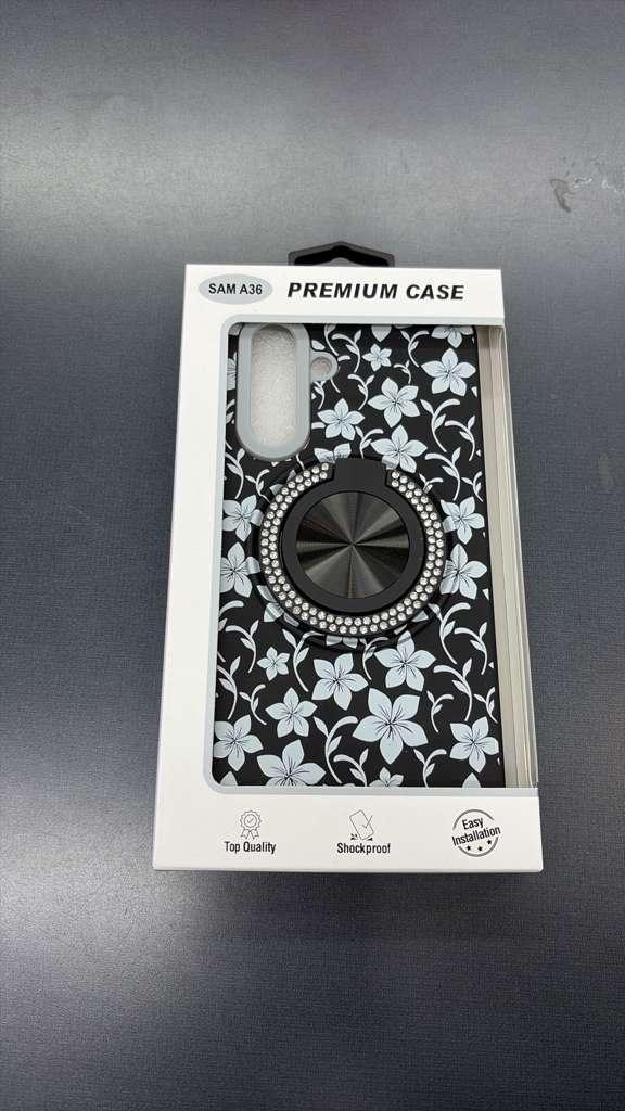 Samsung A36 Premium Case with Jeweled Ring/Kickstand (Black & White Floral)