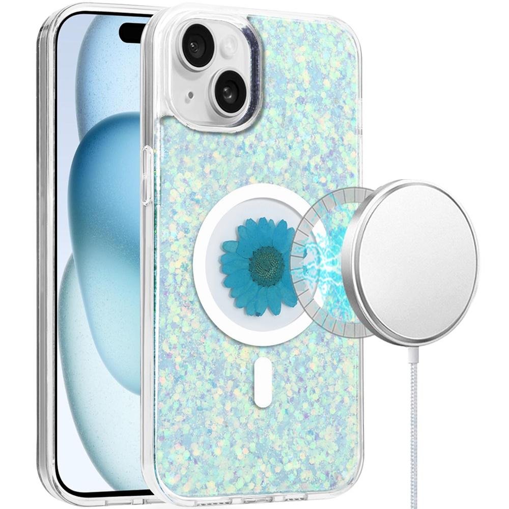 iPhone 15 Magnetic Ring Circle Real Flower Epoxy Glitter Hybrid - Light Blue