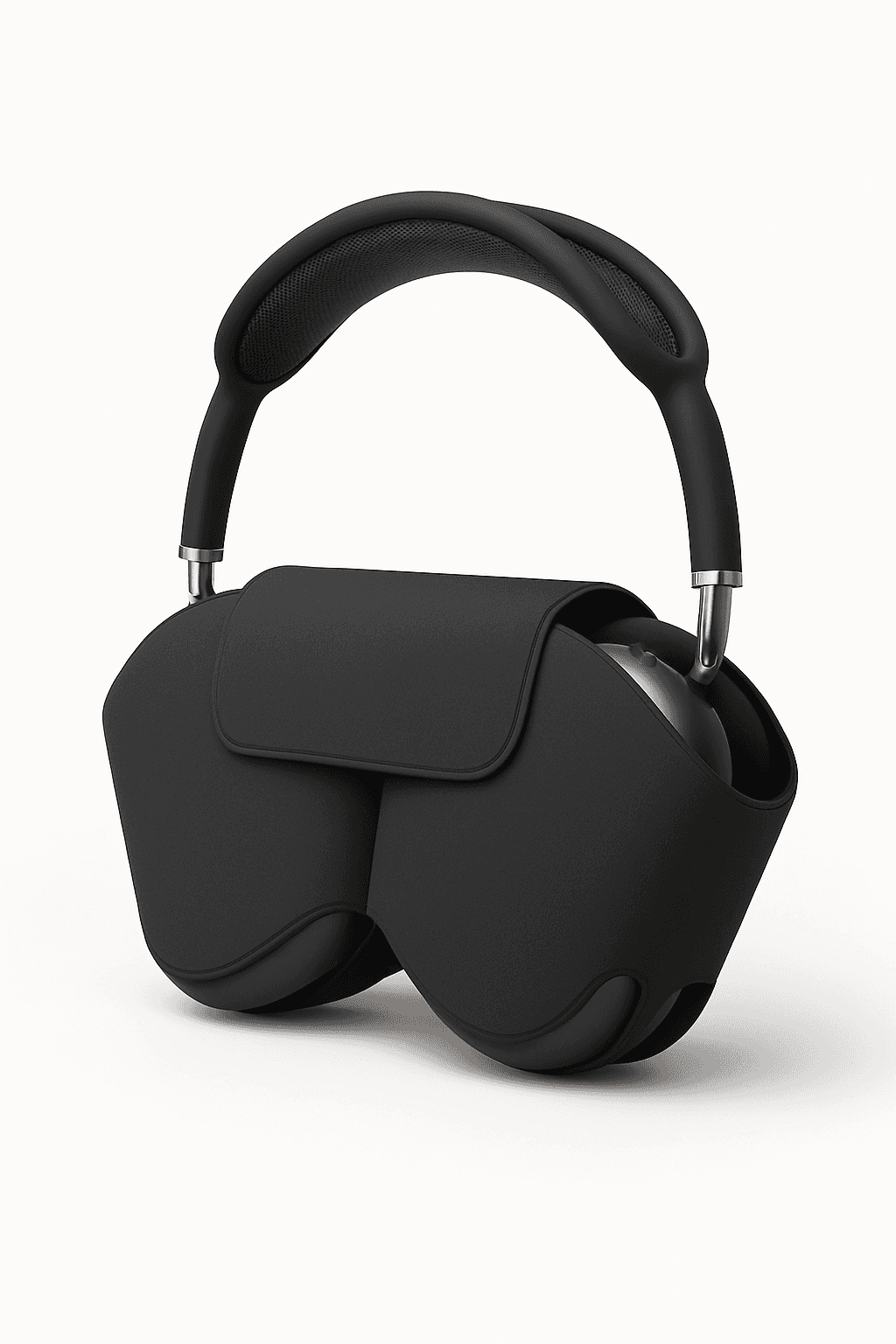 Black over-ear headphones packaged in a white box. Features a black mesh headband and rotating earcups with a protective case design. Compatible with iPhone and Samsung devices., photo 2 of 2