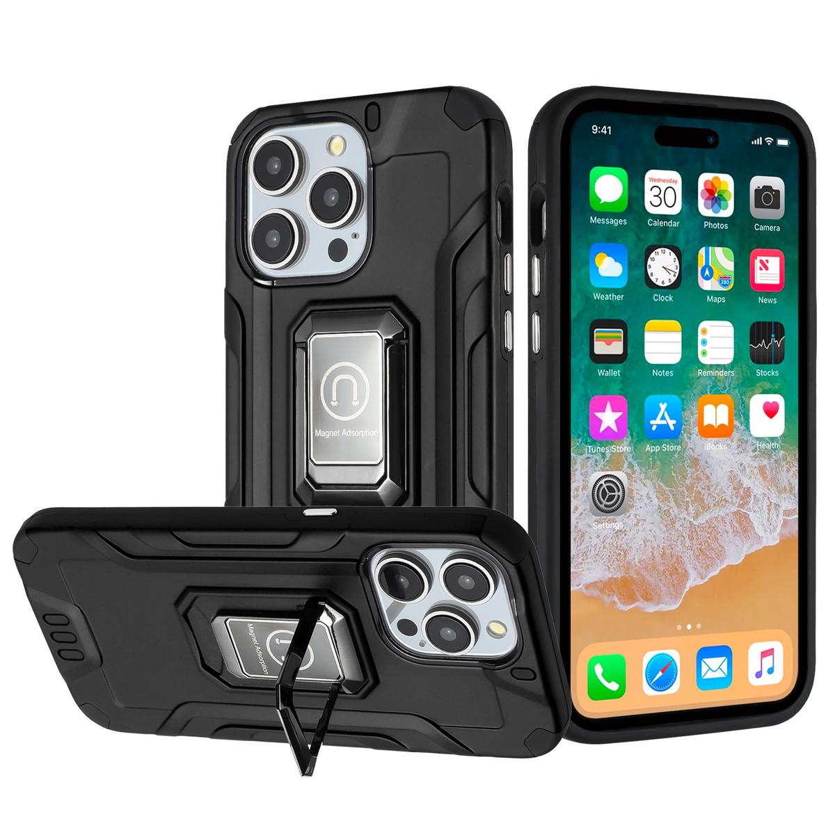 iPhone 15 Strong Tough Metallic Design Hybrid Premium Kicstand - Black