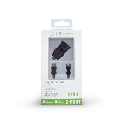 35W Fast Car charger 2 in 1 with Dual ports, C to 8 Pin cable in Black, photo 2 of 4