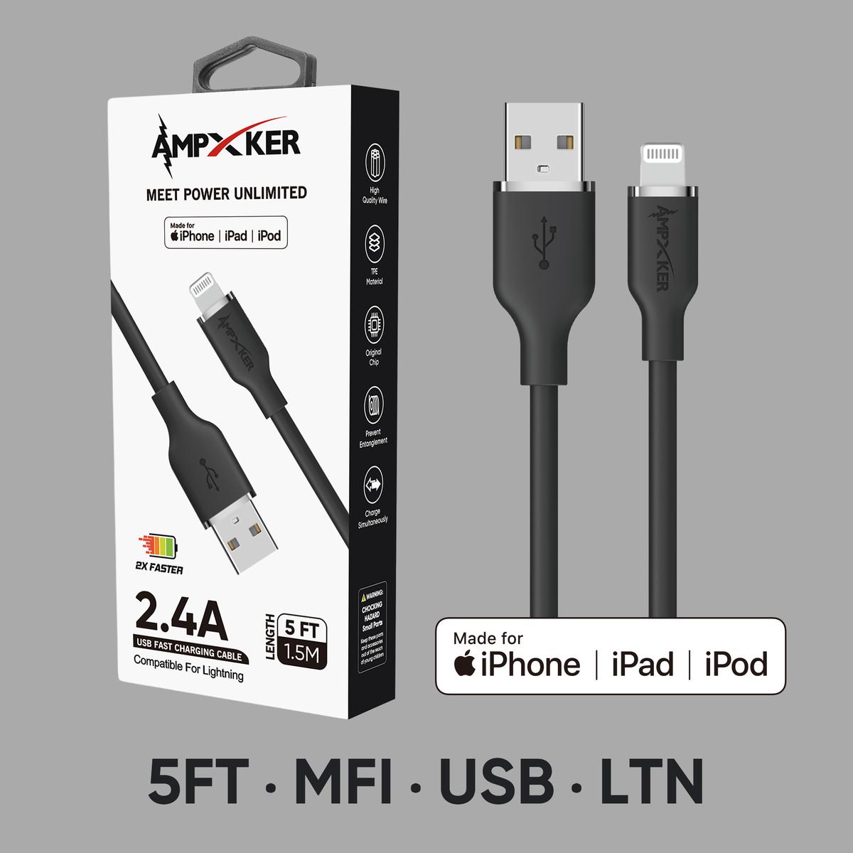 MFI Apple Certified - 2.4A Fast Charging Silicone Cable-Black
