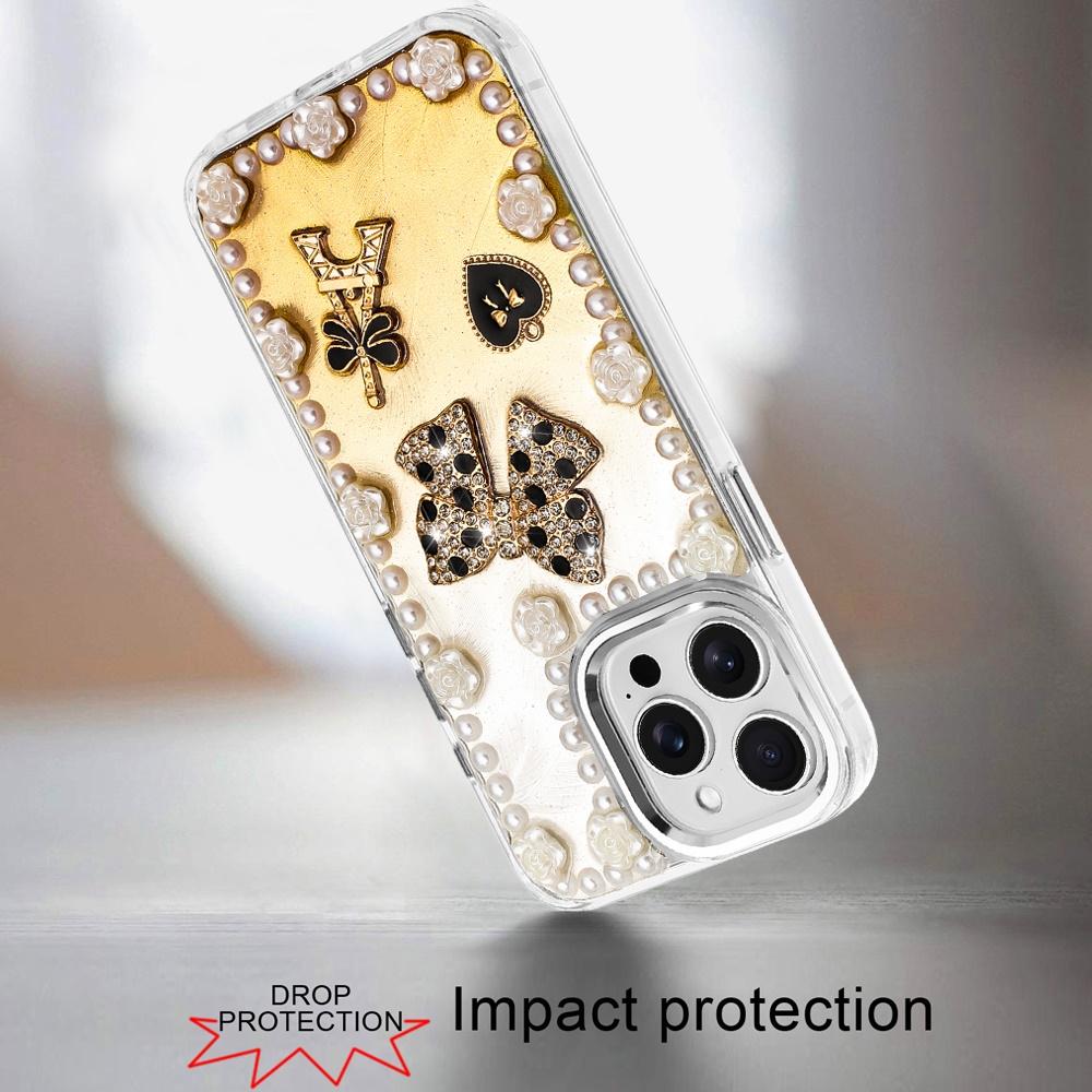For iP15 Pro Max Pearls Epoxy Glitter Ornaments Design Chrome Edged Case - 9