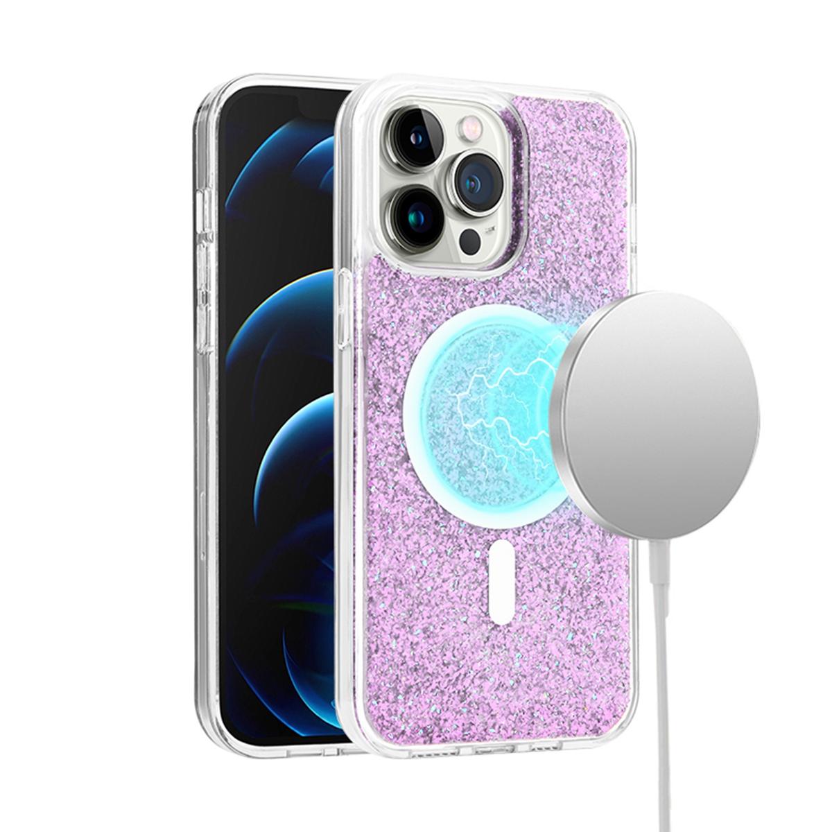 iPhone 15 Epoxy Glitter [Magnetic Circle] ShockProof Hybrid 2.5mm Thick - Light Purple