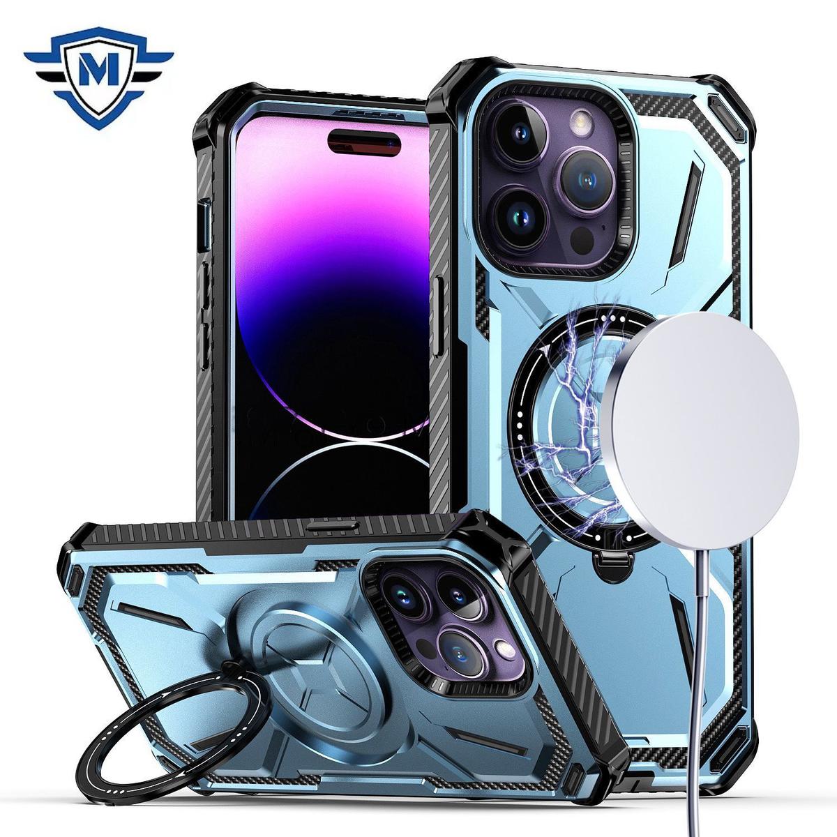 iPhone 15 METKASE Magnetic Ring Stand Premium Ultra Rugged ShockProof Hybrid in Slide-Out Package - Light Blue