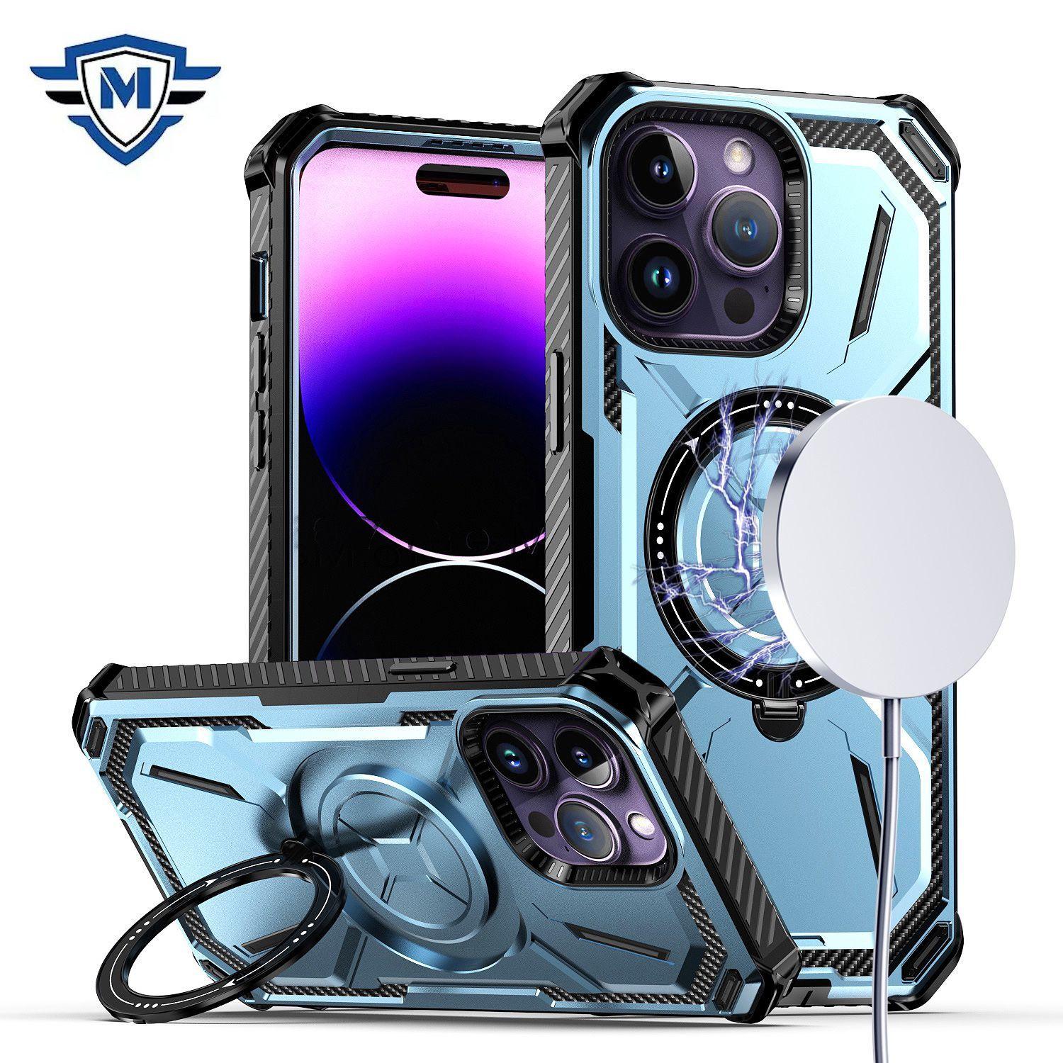 iPhone 15 METKASE Magnetic Ring Stand Premium Ultra Rugged ShockProof Hybrid in Slide-Out Package - Light Blue