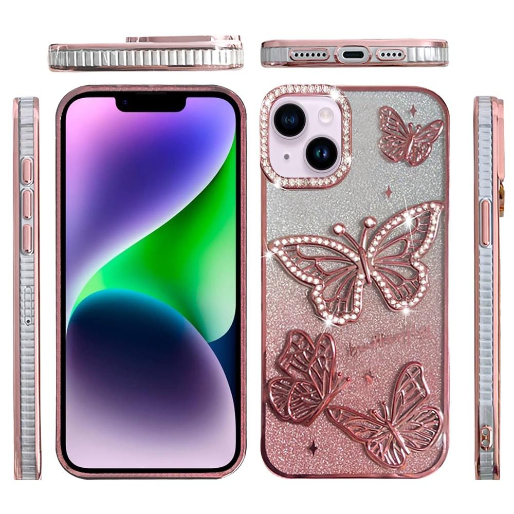 For iPhone 13/14 Butterfly Freedom Shimmer Glitter Thick TPU Case Cover - Rose Gold, photo 2 of 2