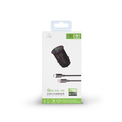 35W Fast Car charger 2 in 1 with Dual ports, C to 8 Pin cable in Black