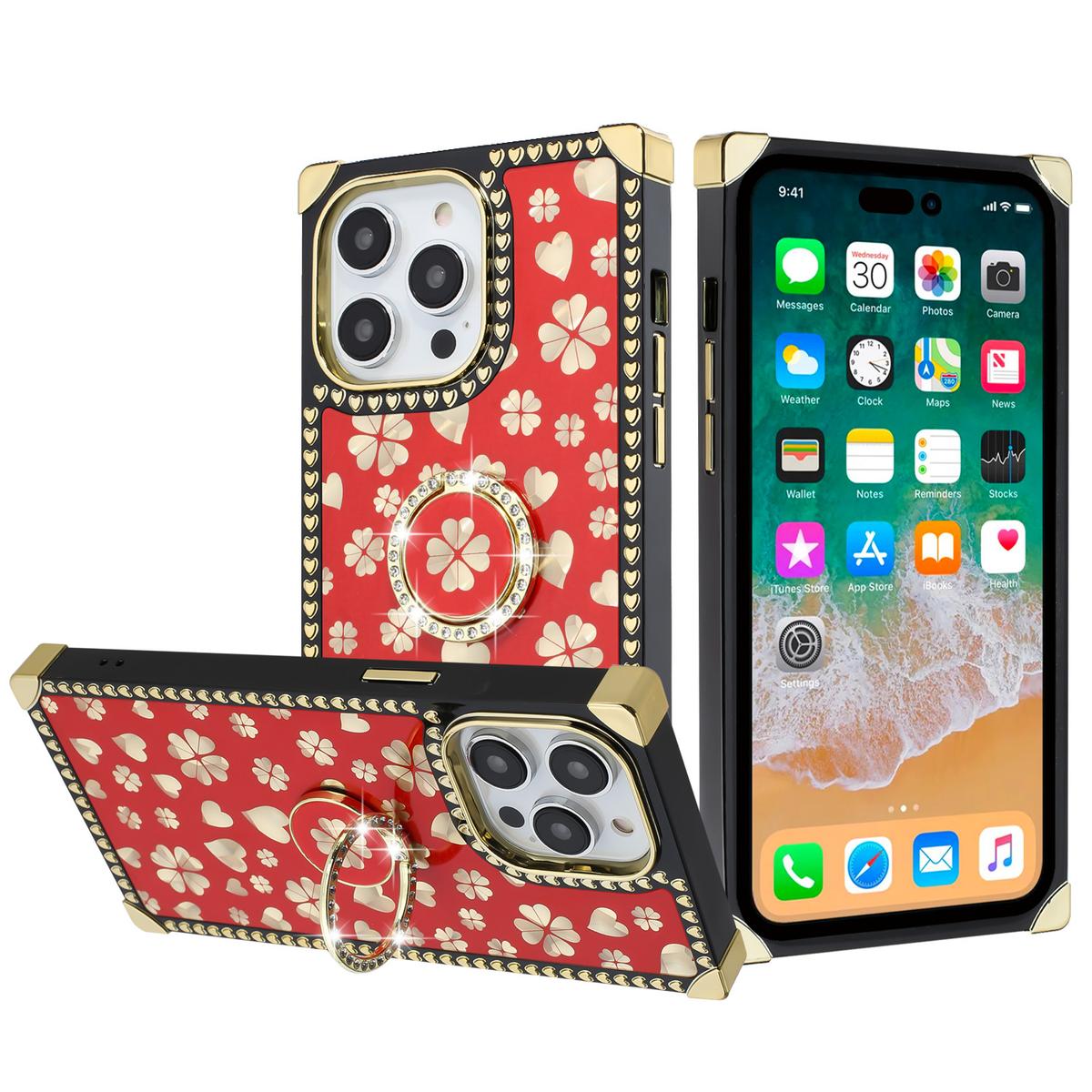 iPhone 15 SQUARE Passion Glitter Diamond Ring Stand Case Cover - Heart Design Red