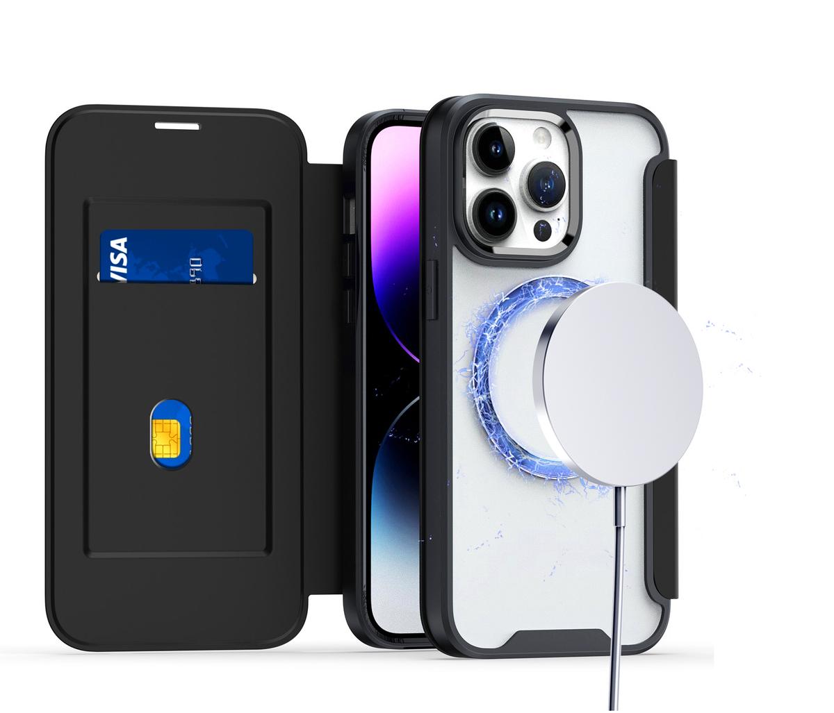 iPhone 15 Flap [Magnetic Circle] Transparent Hybrid - Black