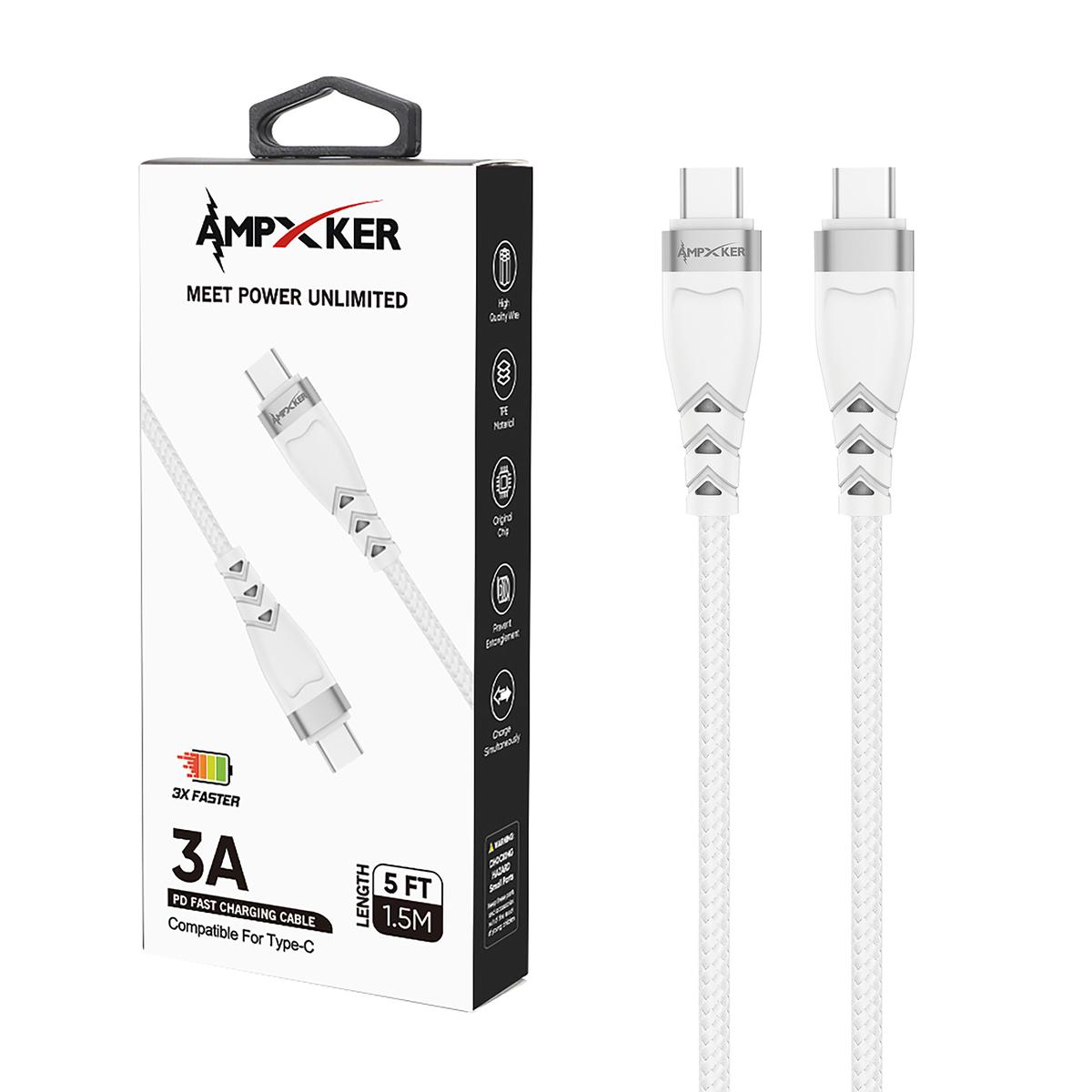 AMP-PD-WT Type C - Cable - 3 AMP - Fast Charging - Nylon Braided Aluminium Alloy - WHITE