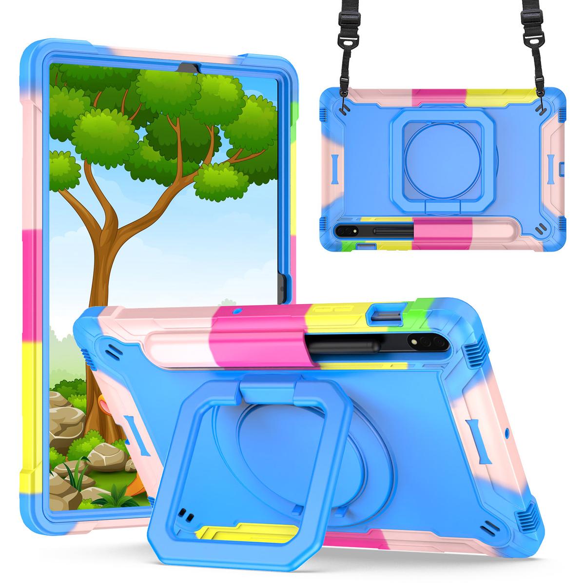 Samsung Tab S8 / Tab S7 Tablet Tough Hybrid Rotating 360 Degree Kickstand - Rainbow/Blue