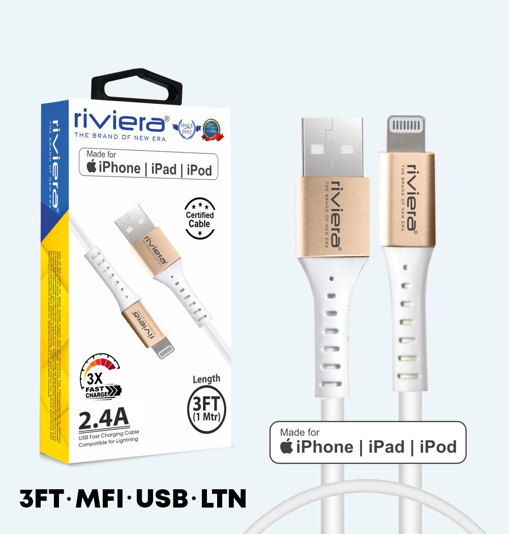 USB - iPhone Lightning - MFI]- 2.4 AMP Fast Charging RIVIERA - White