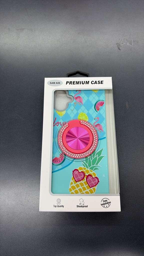 Samsung A06 Premium Case with Jeweled Ring/Kickstand (Flamingo/Pineapple Pattern)