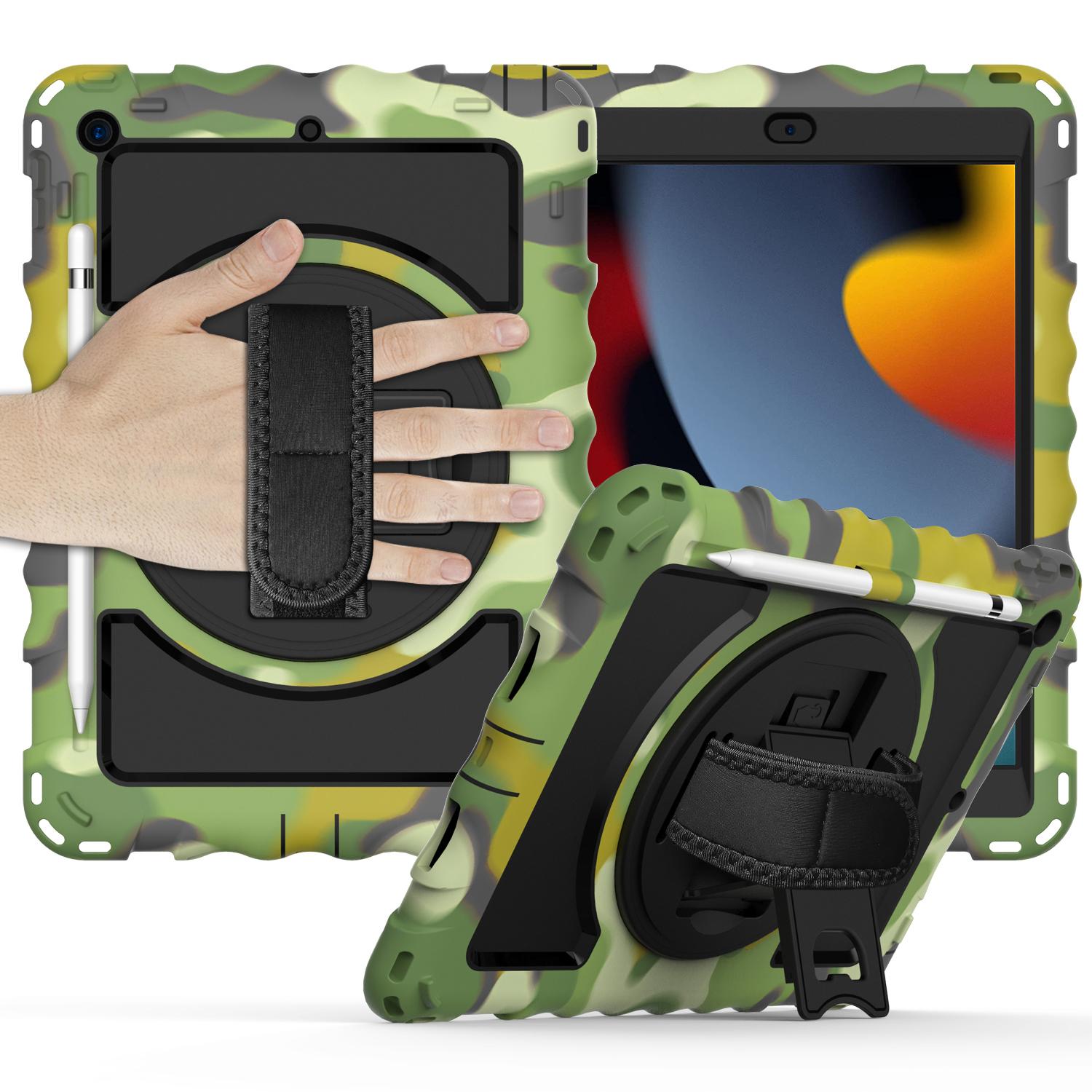 Apple iPad 9th 8th 7th Gen 10.2 inch Tablet Complete 360 Tough Hybrid Kickstand with Shoulder Hand Strap - Camouflage
