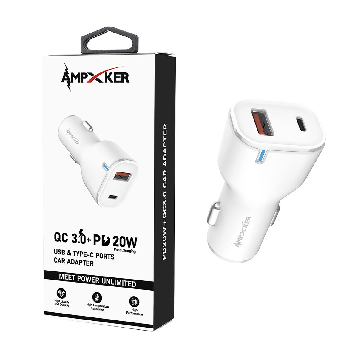 CAR - USB & Type C - Dual Port - Adapter - QC 3.0 Amp + PD 20W - WHITE
