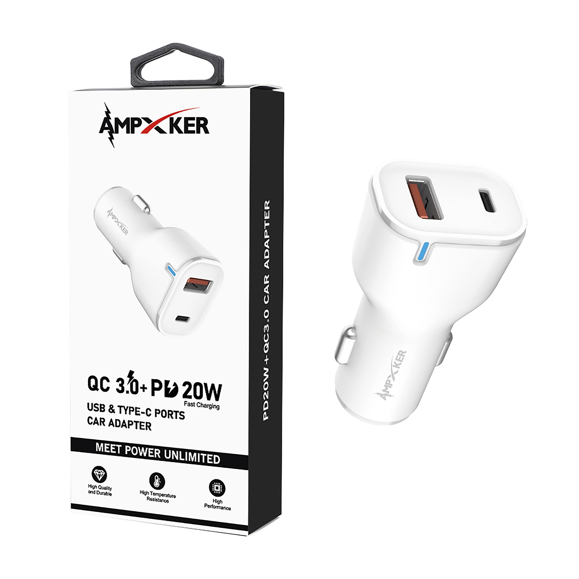 CAR - USB & Type C - Dual Port - Adapter - QC 3.0 Amp + PD 20W - WHITE