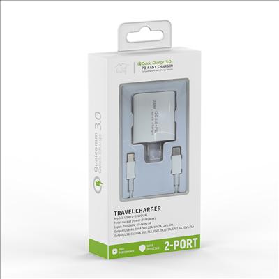 2-IN-1 35W PD Fast Type C&USB Dual Ports Wall Charger+Type C to 8 pin Cable in White, photo 2 of 2