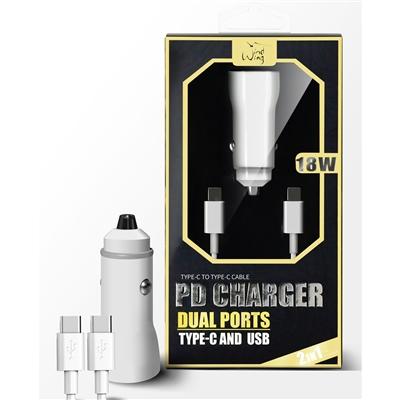 2-IN-1 18W PD Fast Type C&USB Dual Ports Car Charger+Type C to Type C Cable in White