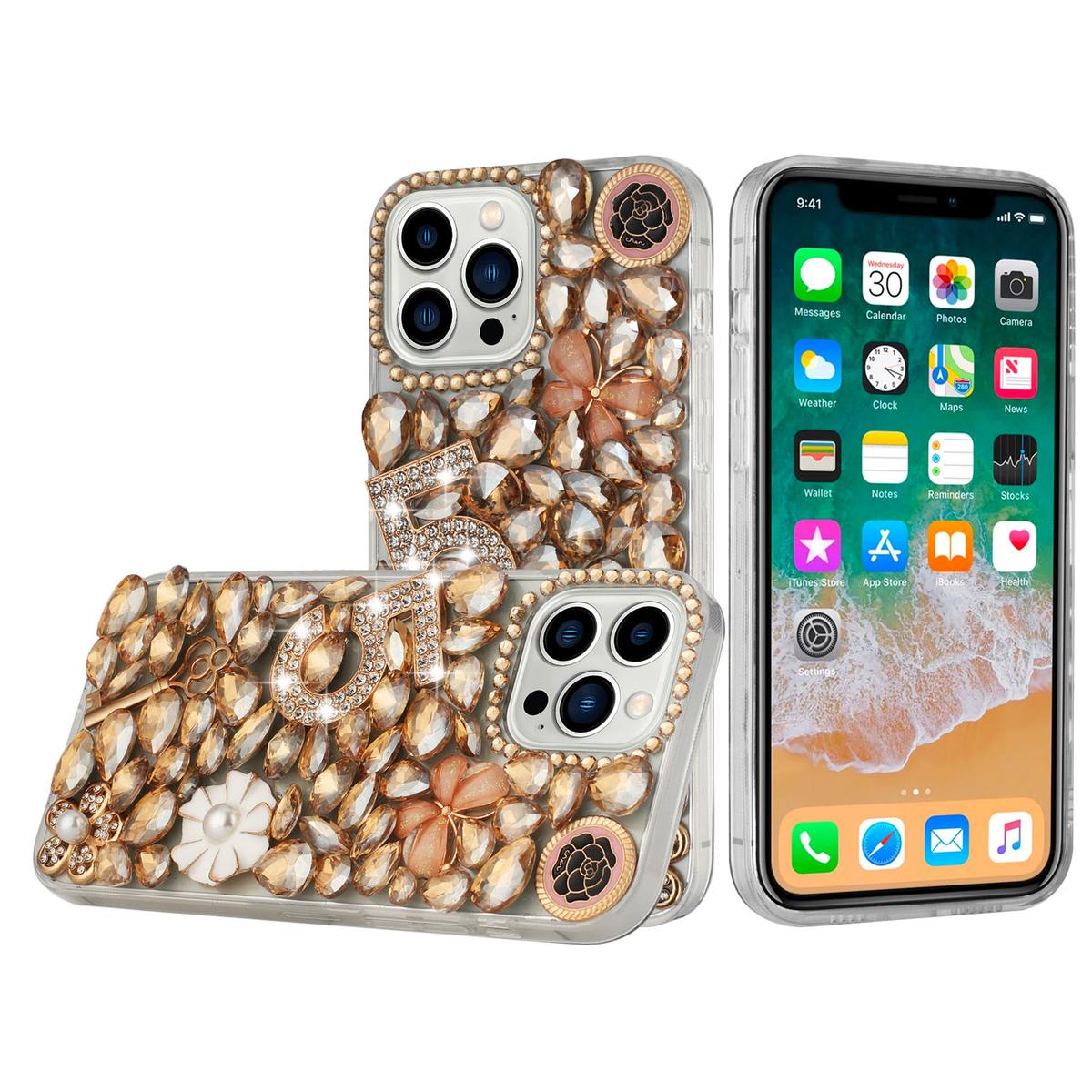iPhone 15 Full Diamond with Ornaments Case Cover - Gold Five Ornament Floral