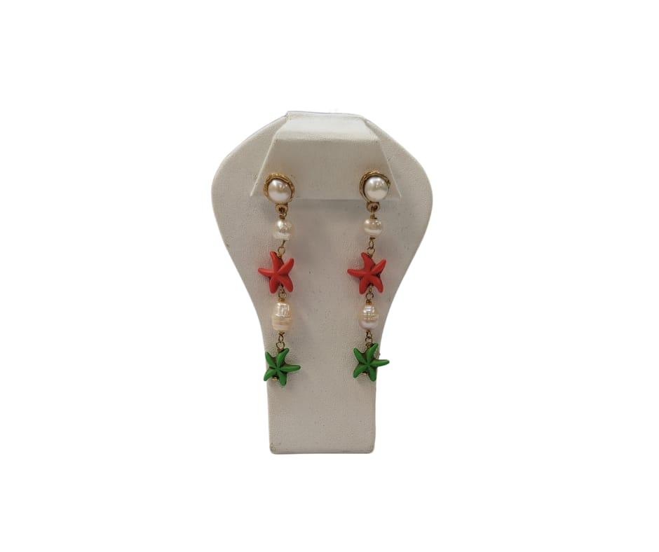 Starfish Pearls Drop Earrings red and green