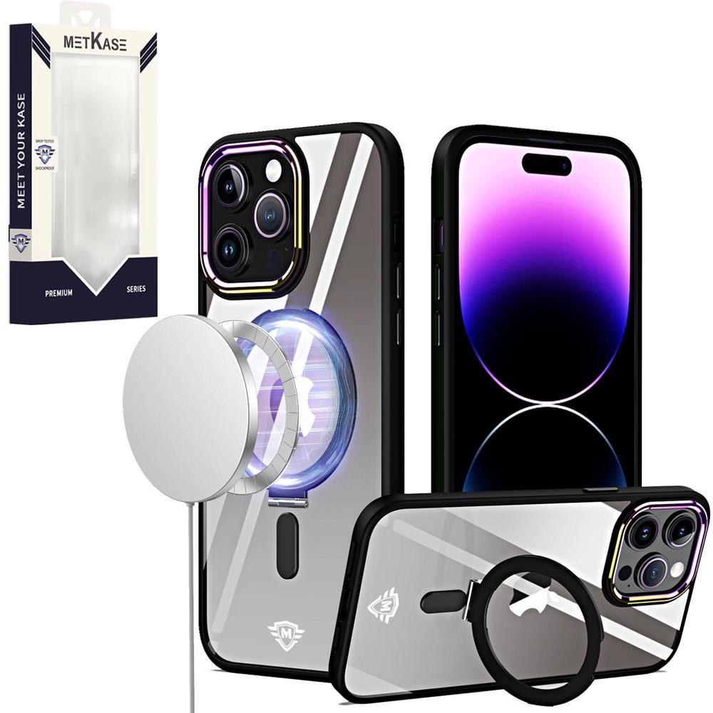 iPhone 15 METKASE Dazzle Magnetic Ring Stand Alloy Chrome Transparent Hybrid in Slide-Out Package - Black
