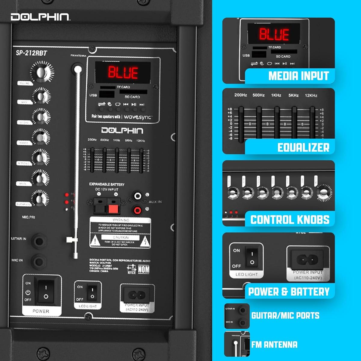 Dolphin BoxParty 2120 Dual 12" Party Speakers - Portable & Rechargeable Sound with Microphone, Bluetooth, USB, Hi-Fi Amp, Powerful Bass, 5-Band Equalizer & LED Lights - Long Battery Life - 2x12-inch, photo 3 of 7