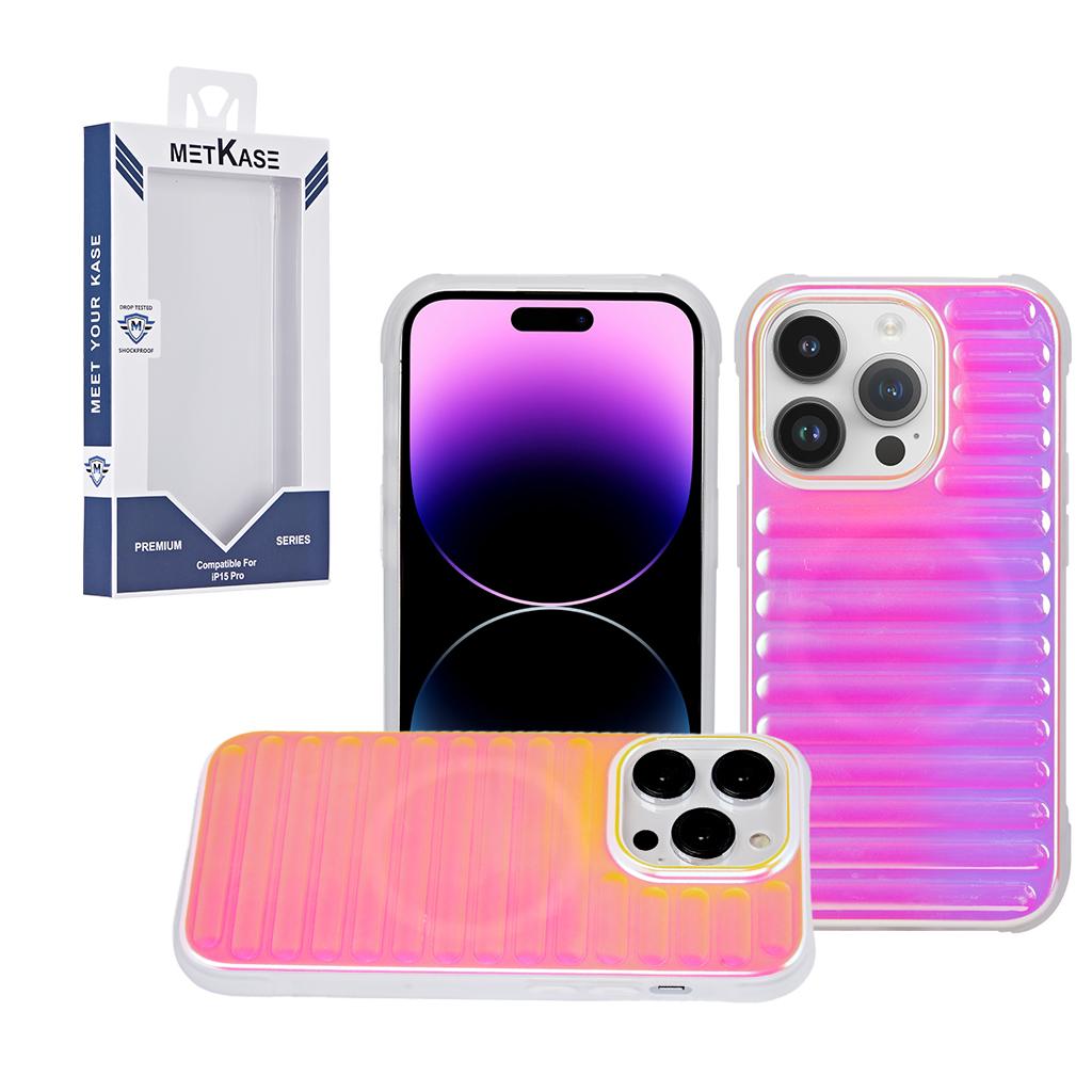 iPhone 15 METKASE Chrome Lined Pattern [Magnetic Circle] Premium Case - Light Pink