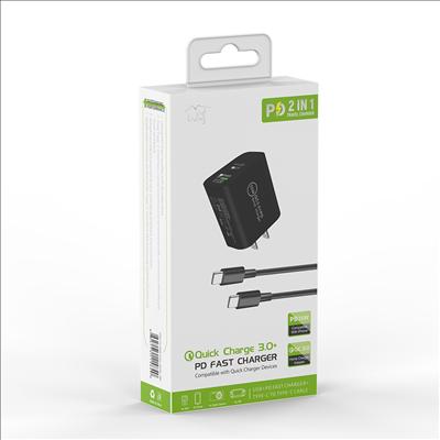 2-IN-1 35W PD Fast Type C&USB Dual Ports Wall Charger+Type C to Type C Cable Cord in Black