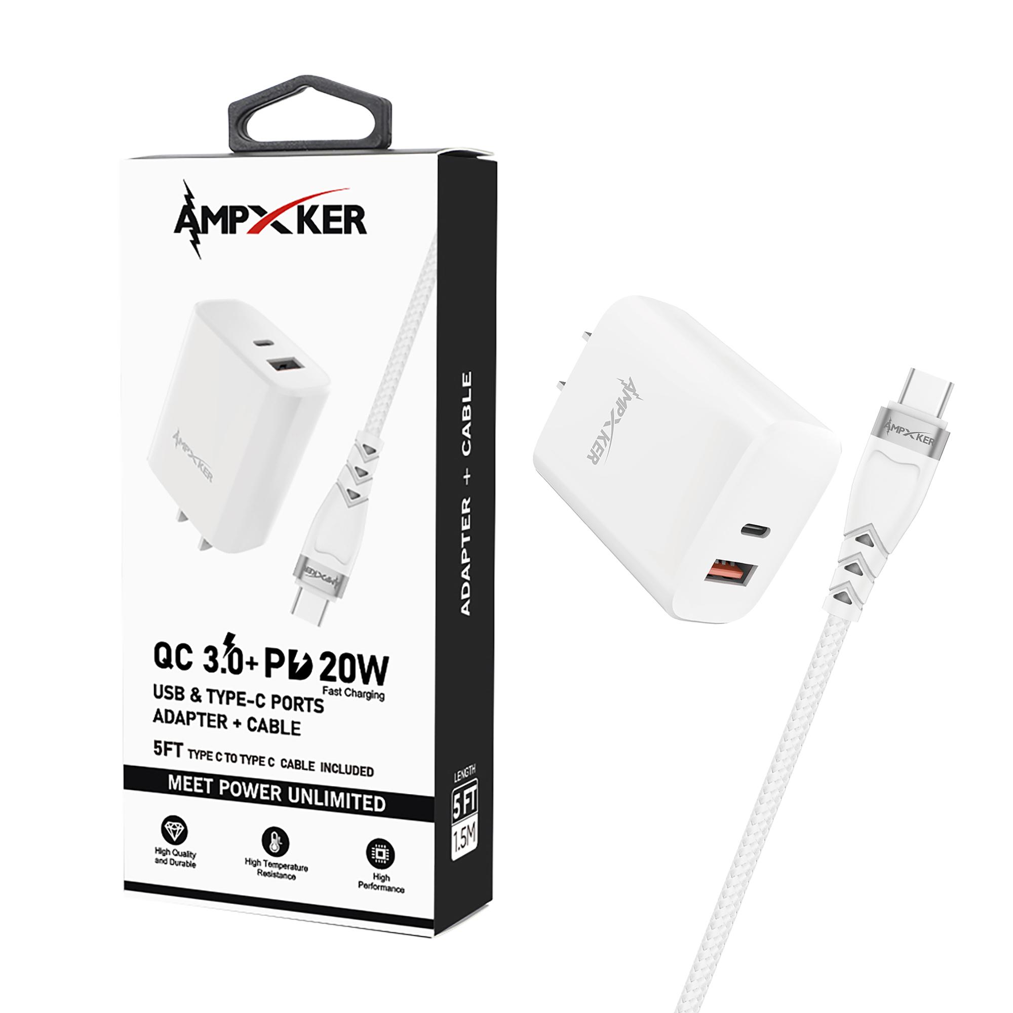 COMBO - USB & Type C - Dual Port - Adapter + 5FT Cable -White