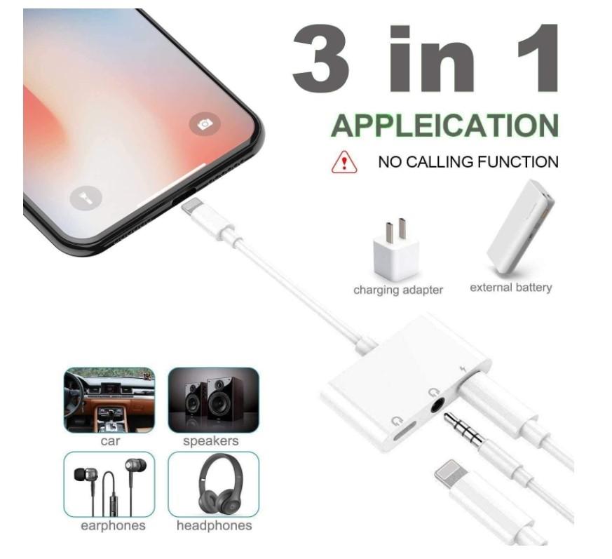Lightning to Headphone Adapter 3.5mm Jack Headphone Adapter 3 in 1 Earphone and Charging Splitter for iPhone 12/11/SE/XS/XR/X/8/7 and iPad, photo 3 of 7