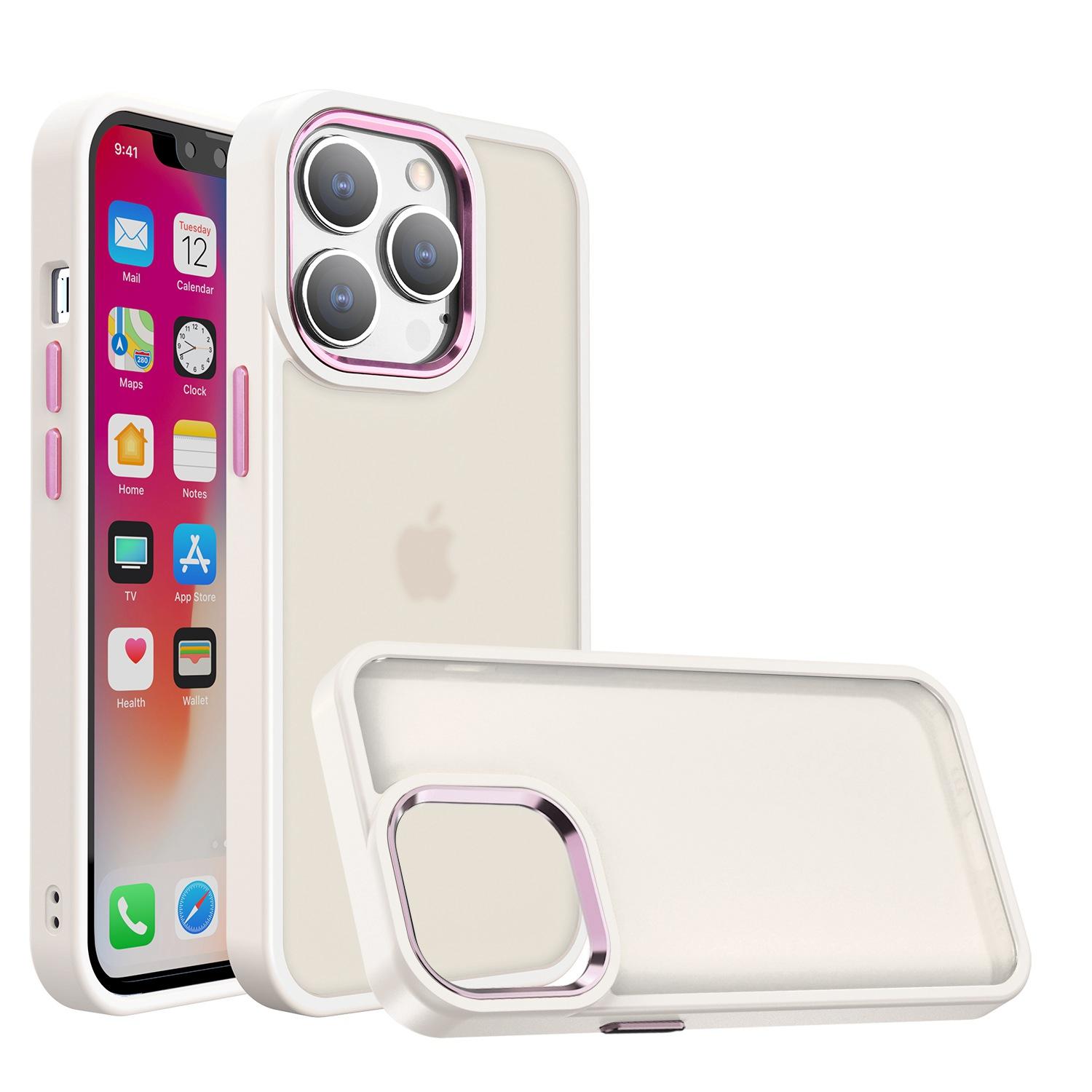 iPhone 15 Polished Oil Thick Acrylic Metal Button Hybrid Case Cover - Beige