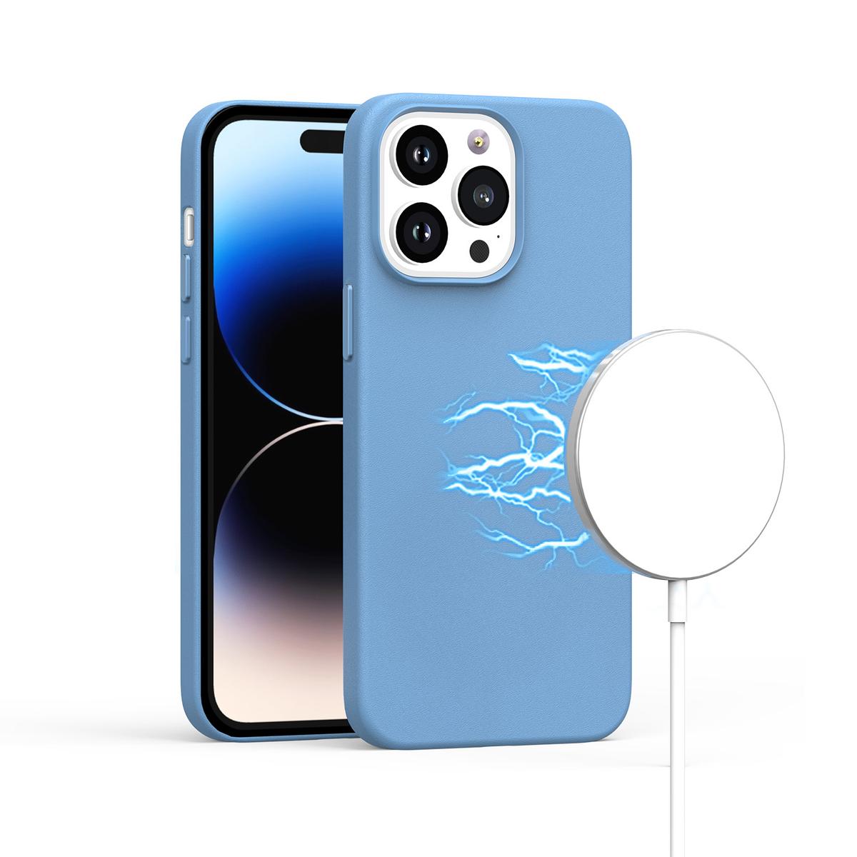 iPhone 15 PU Leather with inner [Magnetic Circle] Colored Metal Buttons - Sky Blue