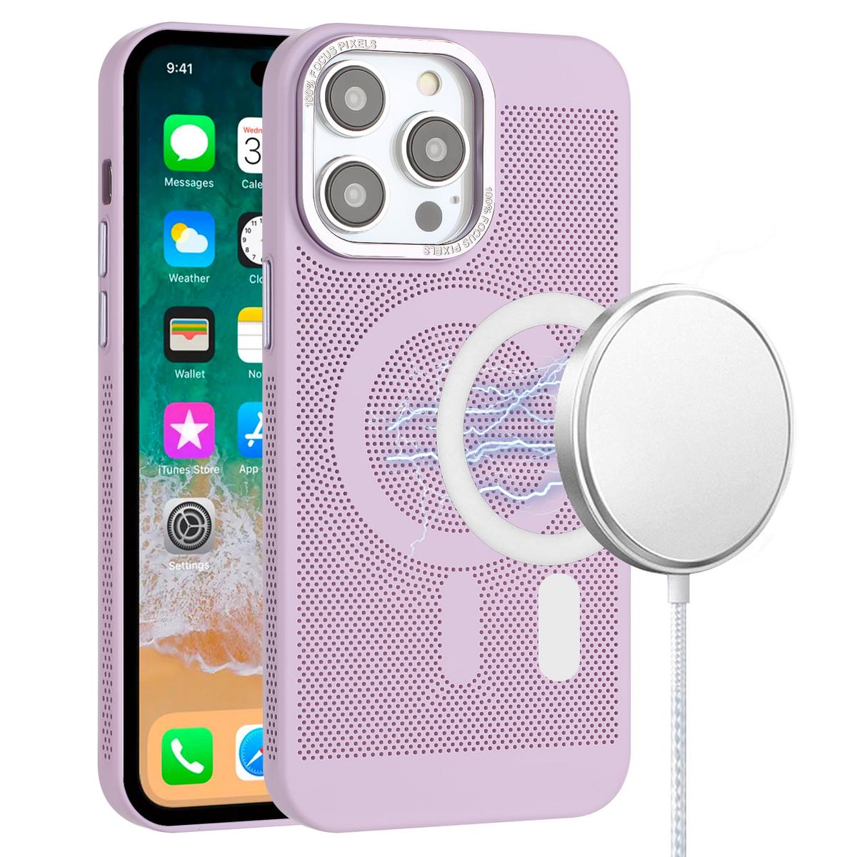 iPhone 15 Magnetic Ring Radiator Design Hybrid with Metal Buttons Case Coverr - Light Purple