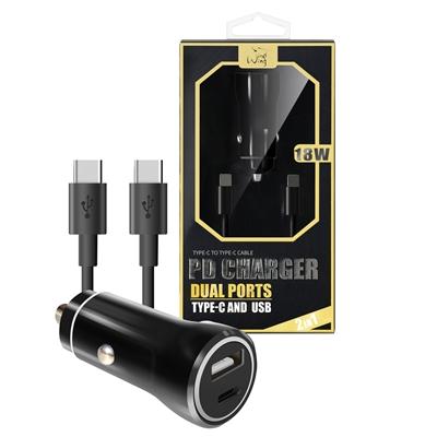 2-IN-1 18W PD Fast Type C&USB Dual Ports Car Charger + Type C to Type C Cable Cord in Black