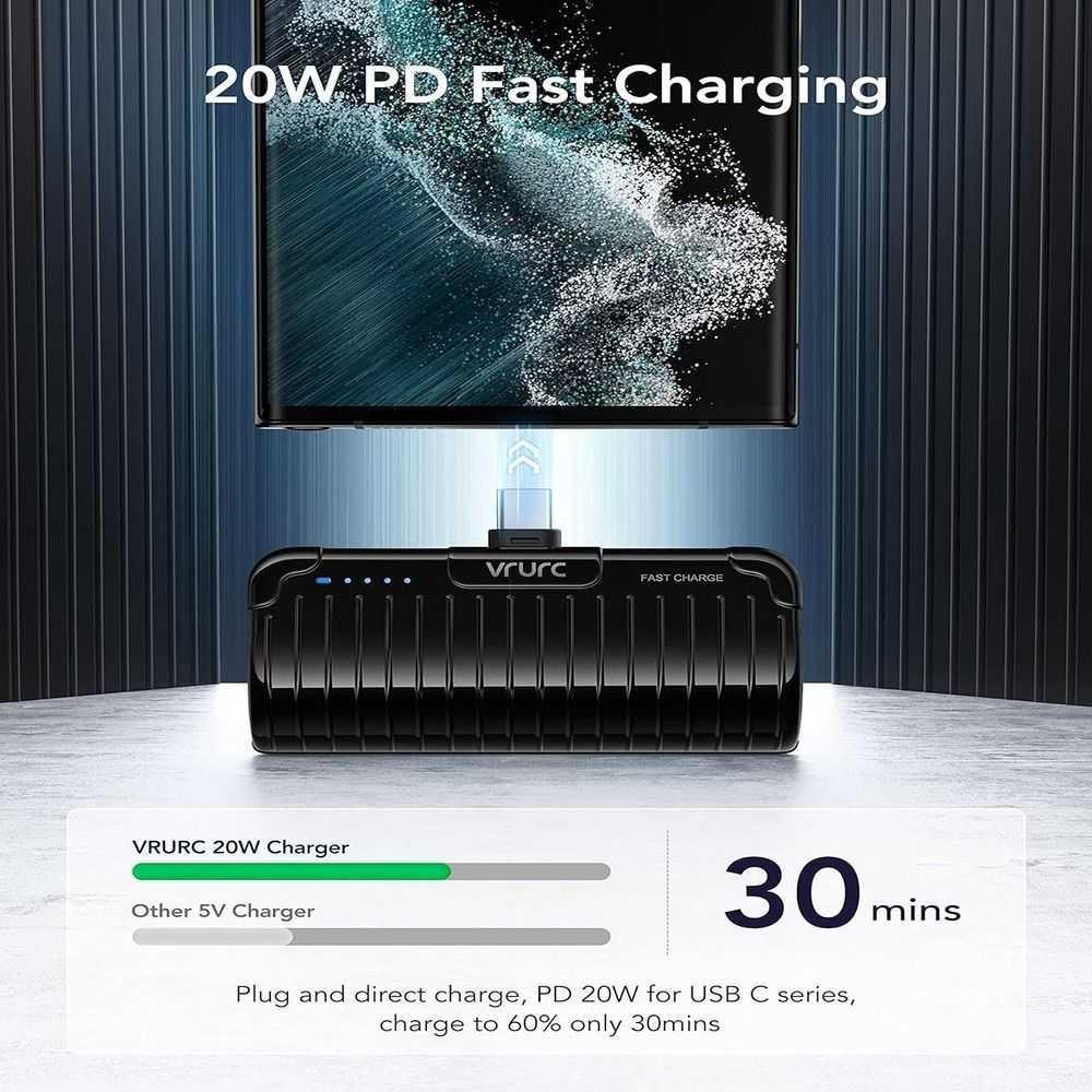 VRURC USB C Portable Charger, 5000mAh Mini Power Bank Fast Charging,PD 20W Charging Bank Compatible with iPhone 15,15 Pro,15Pro Max, Samsung Galaxy,Note 20/10/9/8,Google Pixel,Android etc (Black) (LANE B RACK 6 TOP SHELF), photo 8 of 9