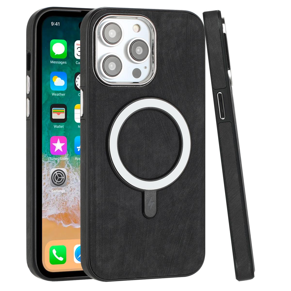 iPhone 12 Pro Max 6.7 Fashion Chrome Edged Camera [Magnetic Circle] PU Leather Hybrid - Black