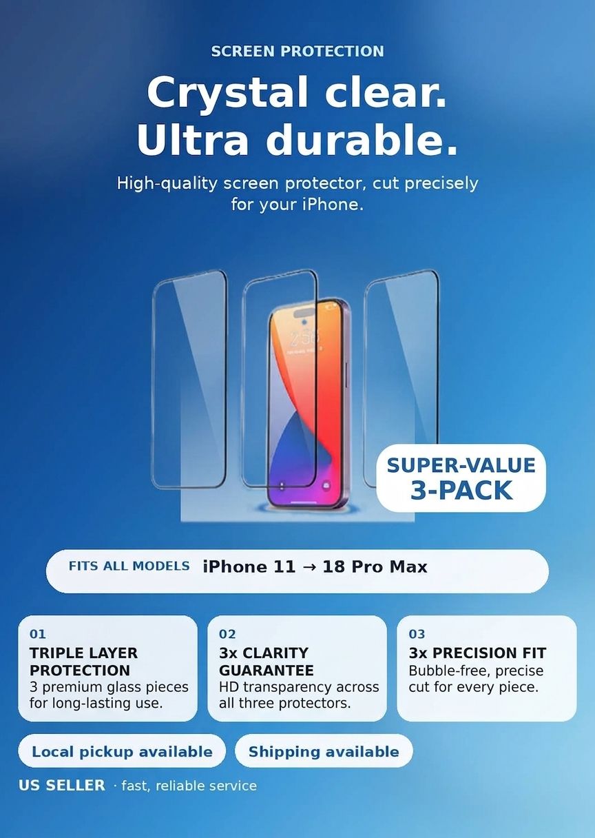 Premium Glass Screen Protector for iPhone 11 to 18 Pro Max - Pack of 3