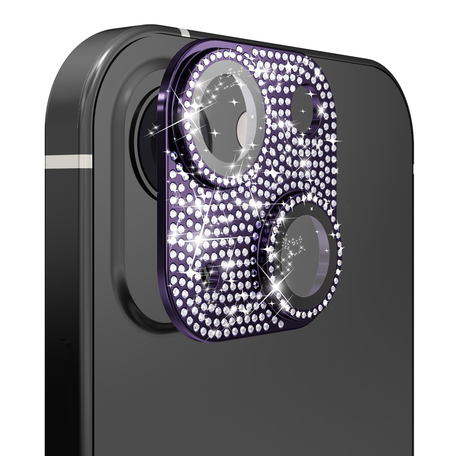 iPhone 15 Diamond Bling Camera Lens Full Tempered Glass - Purple