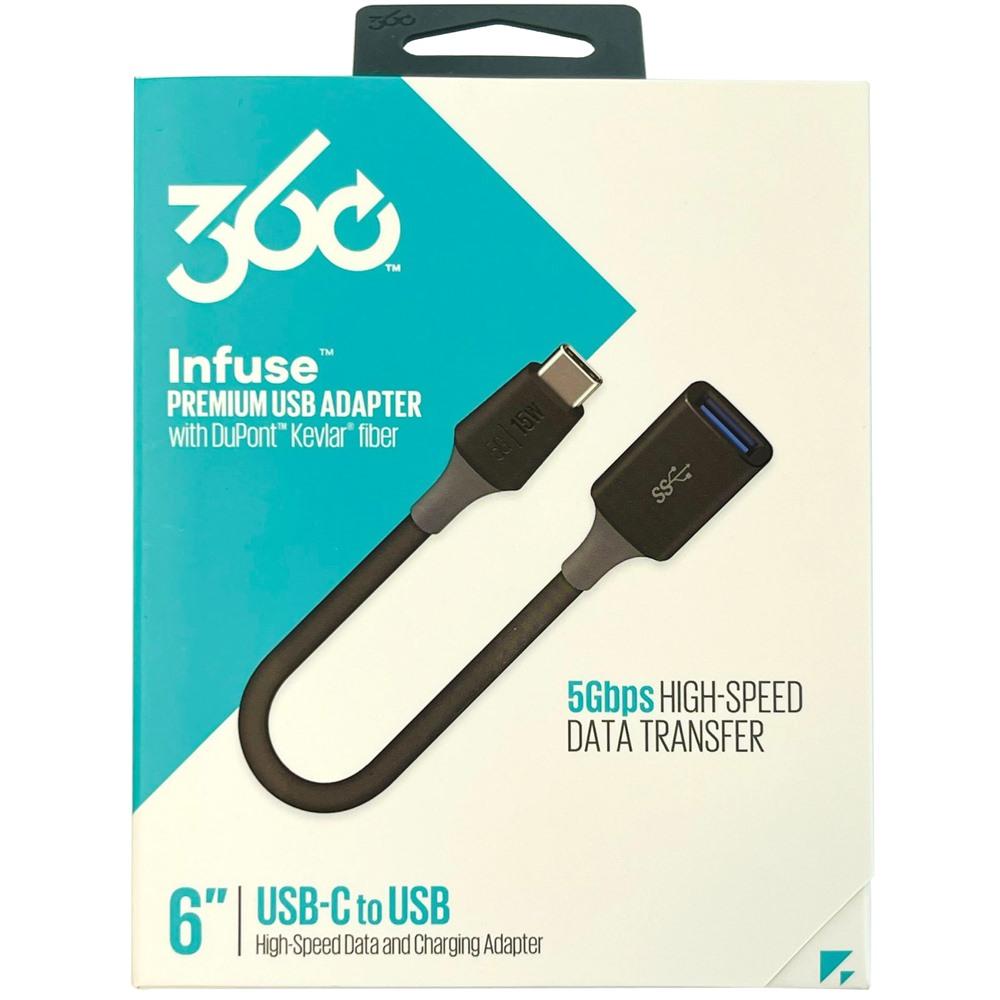 360 INFUSE PREMIUM USB ADAPTER 5GBPS HIGH SPEED DATA TRANSFER - USBC TO USB - 6 INCH - BLACK