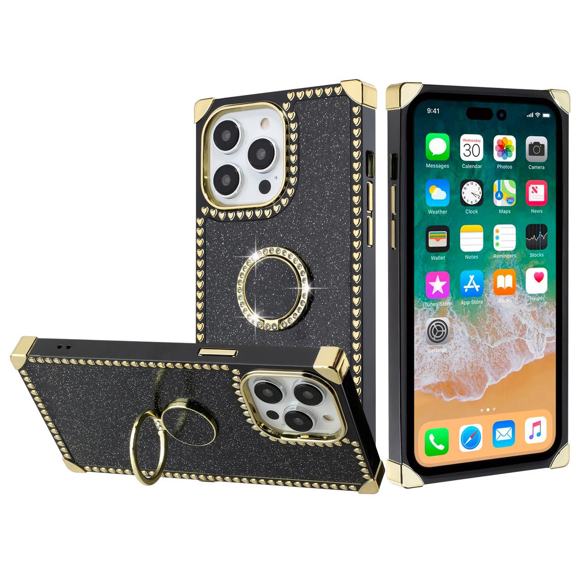 iPhone 15 Glitter Hybrid With Ring Stand Square Heart Passion Hybrid Case Cover - Black