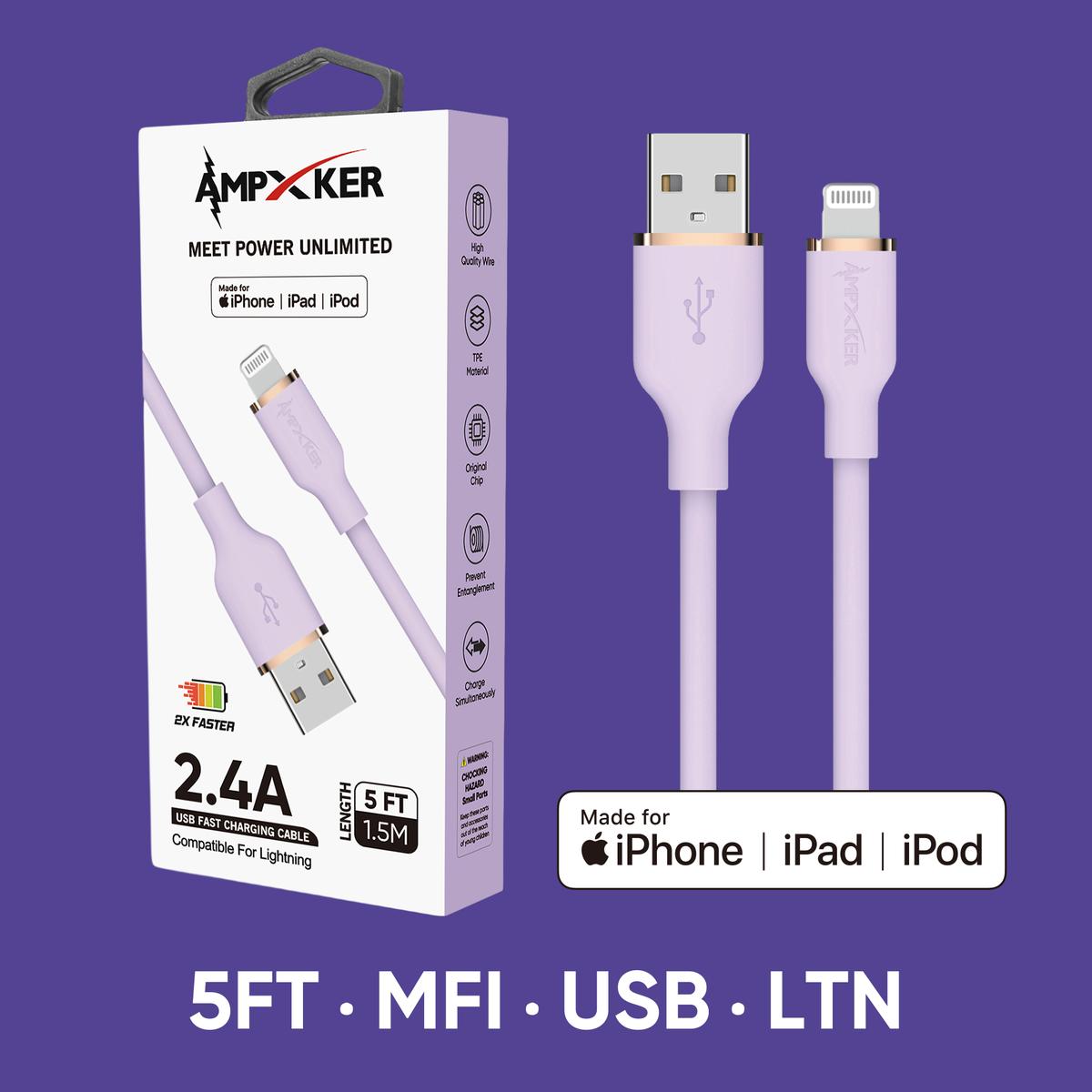 5 FT [USB - LIGHTNING] - MFI Apple Certified - 2.4A Fast Charging Silicone Cable-PINK