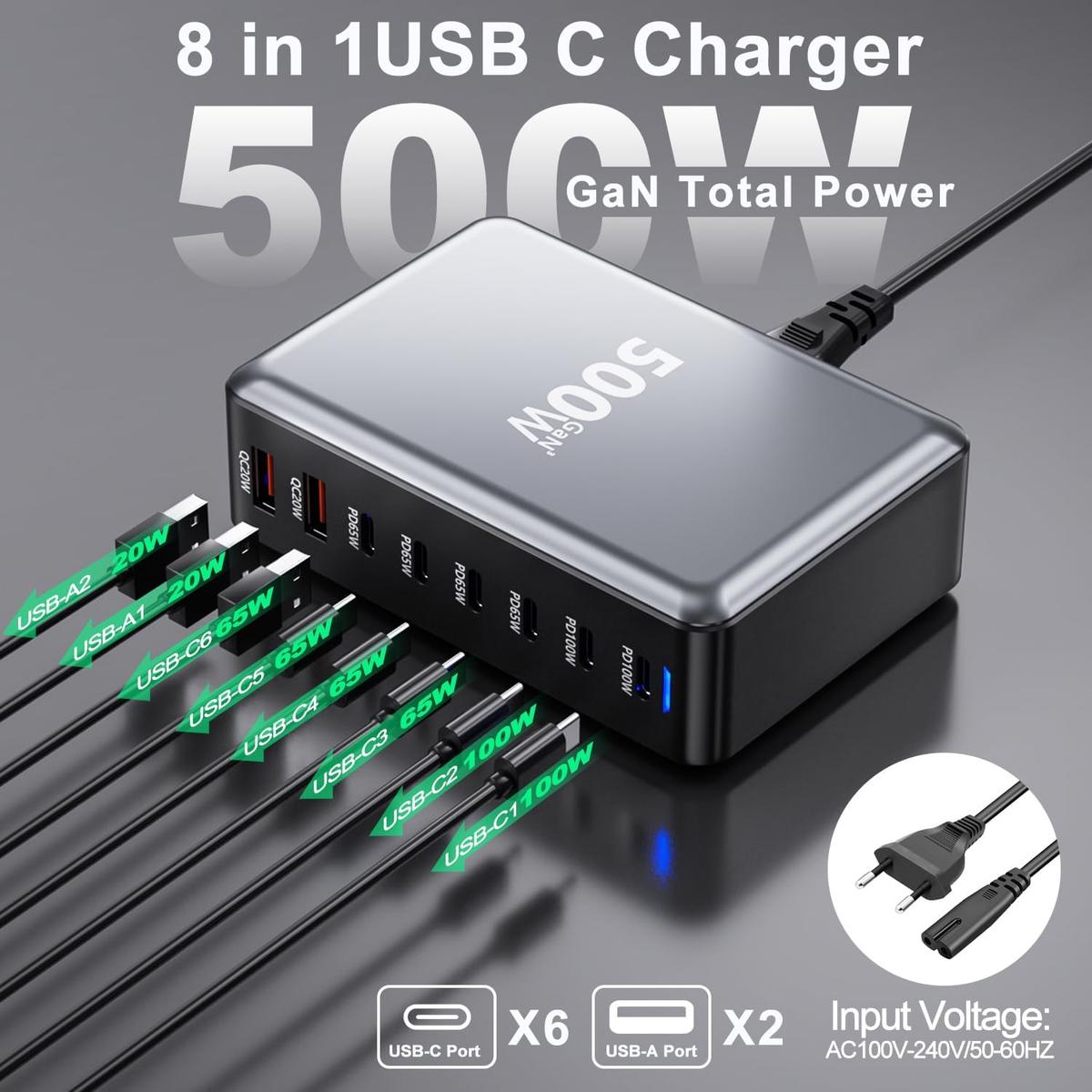 500W GaN 6-Port USB-C and USB-A Fast Charger, photo 3 of 7