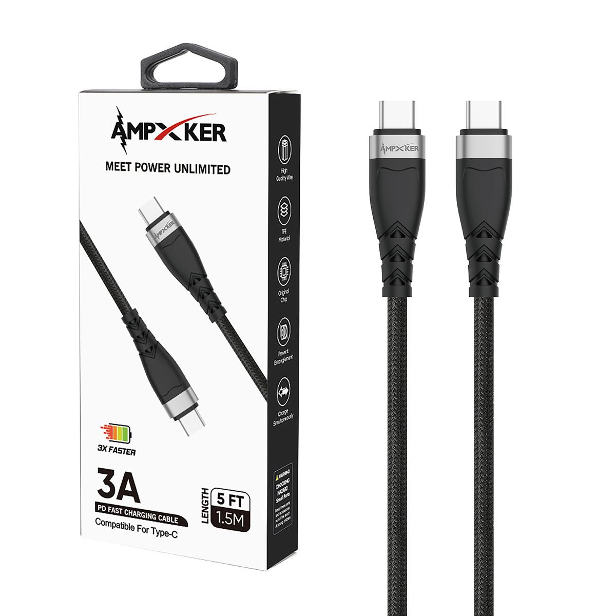 AMP-PD Type C - Cable - 3 AMP - Fast Charging - Nylon Braided Aluminium Alloy - Black