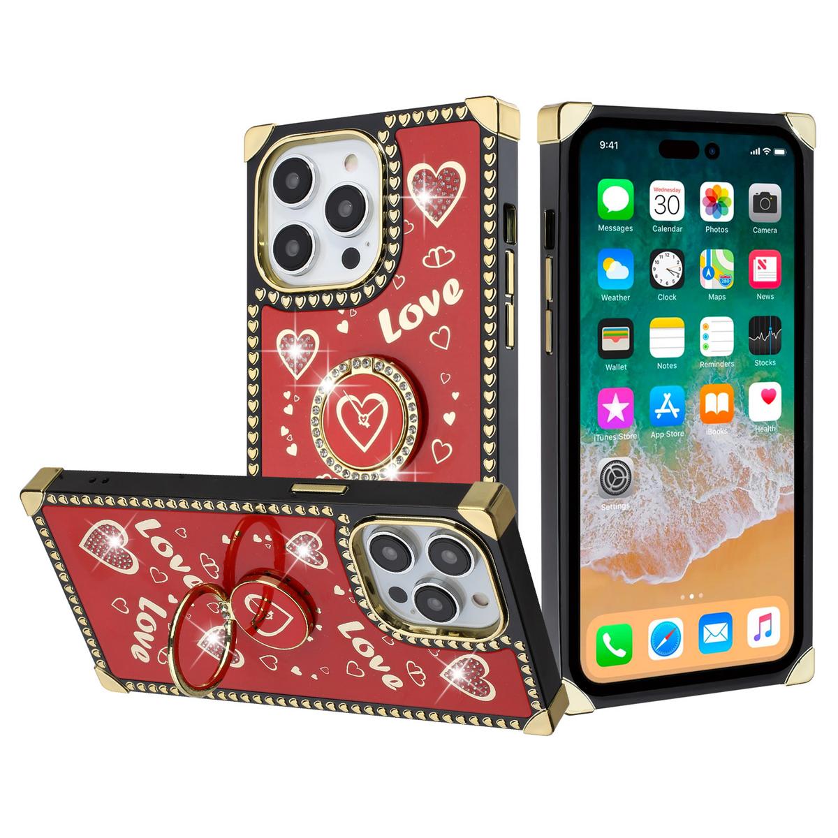 iPhone 15 Pro Passion Hearts Smiling Diamond Ring Stand Case Cover, photo 5 of 15