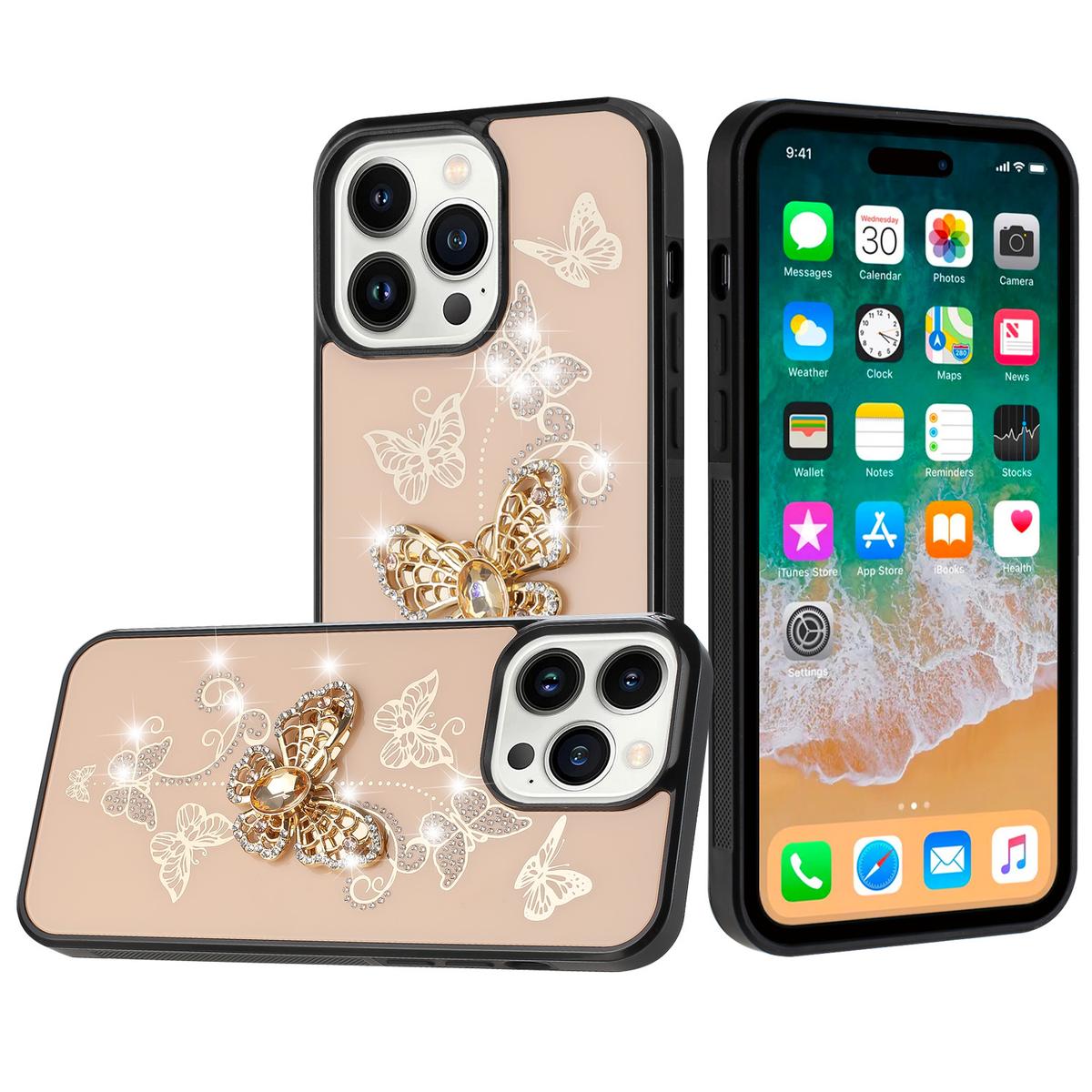 iPhone 15 SPLENDID Diamond Glitter Ornaments Engraving Case Cover - Garden Butterflies Gold