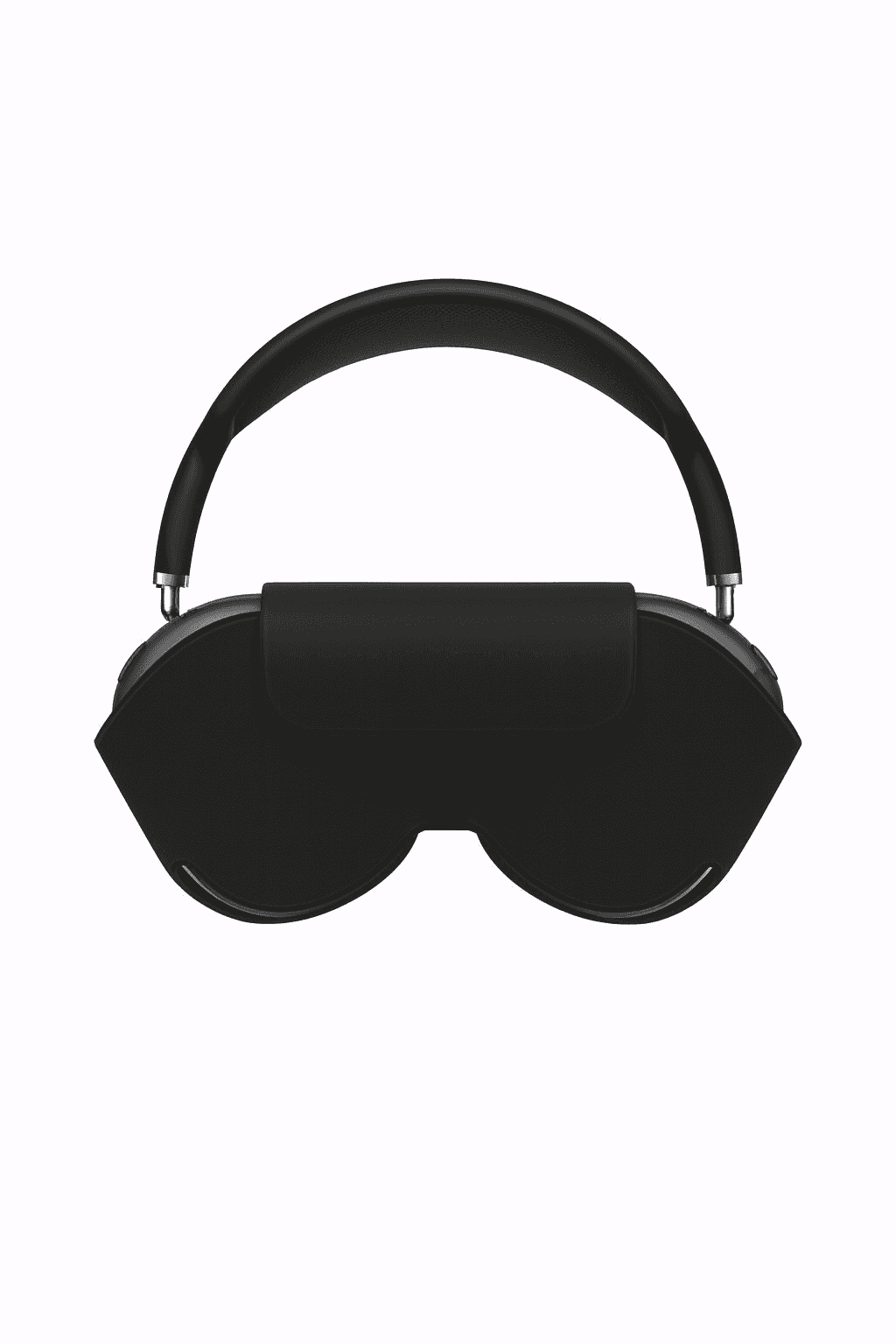 Black over-ear headphones packaged in a white box. Features a black mesh headband and rotating earcups with a protective case design. Compatible with iPhone and Samsung devices.