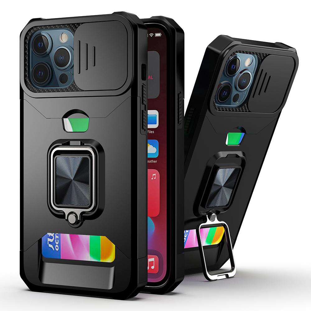 iPhone 12 & iPhone 12 Pro (Open Camera Hole) Multi-Functional Card Slot Hybrid Case with Magnetic Ring Stand