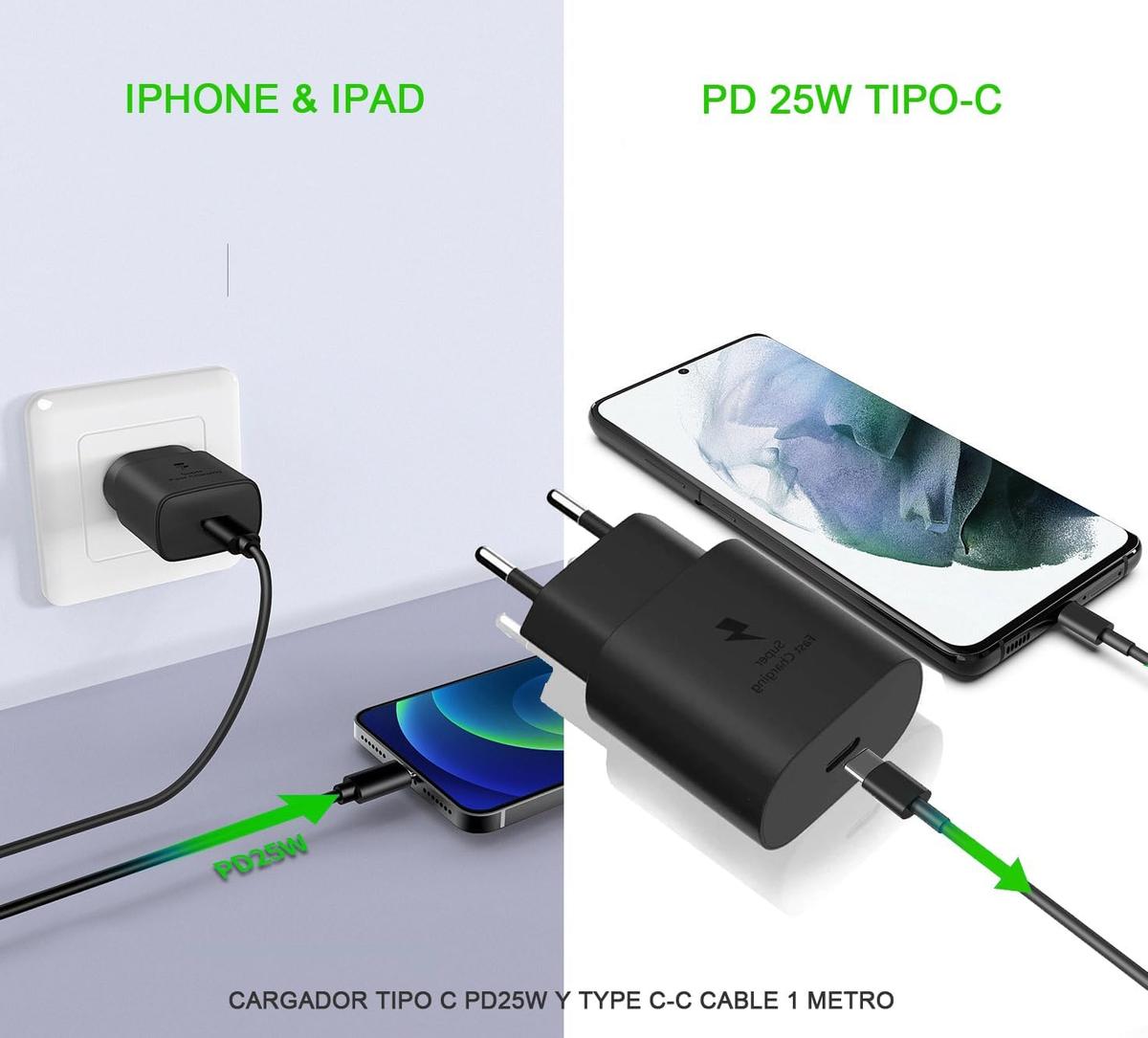 D.Square Type C Charger 25W Black Fast Charge with USB Cable C-C 1m/3.3ft / PD 3.0 Type C Compatible with iPad Pro, iPad Air 4th, iPad Mini 6th, Google Pixle 5/4, Galaxy, Huawei, photo 4 of 6