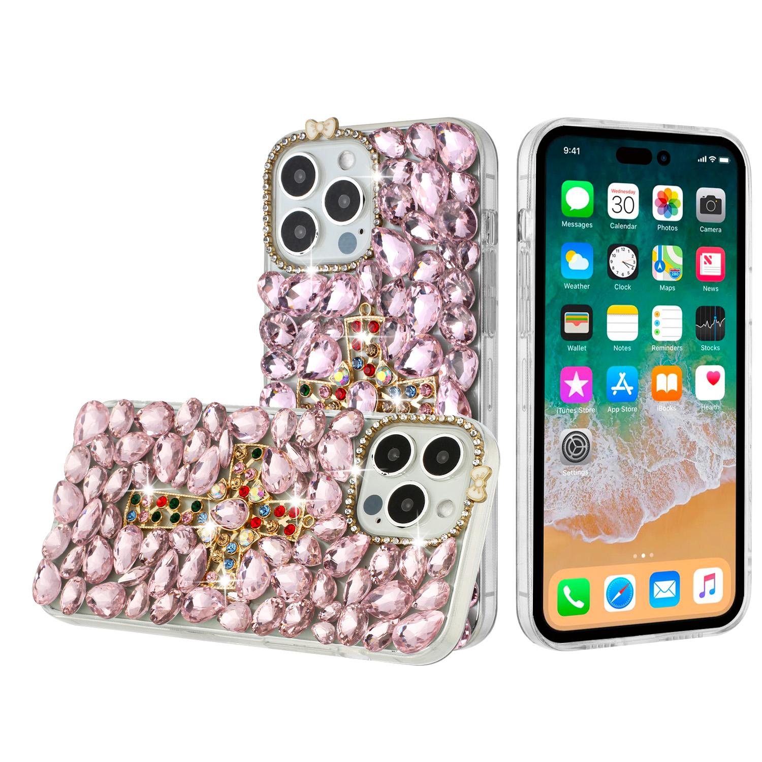 iPhone 15 Cross Full Diamond Bling Case Cover - Pink
